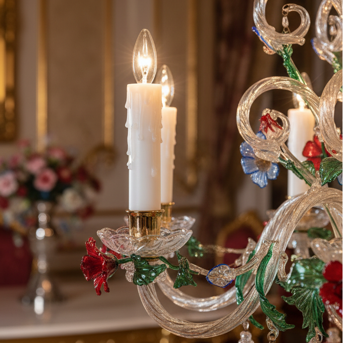 Beeswax candle cover on Murano chandelier in a formal dining room setting